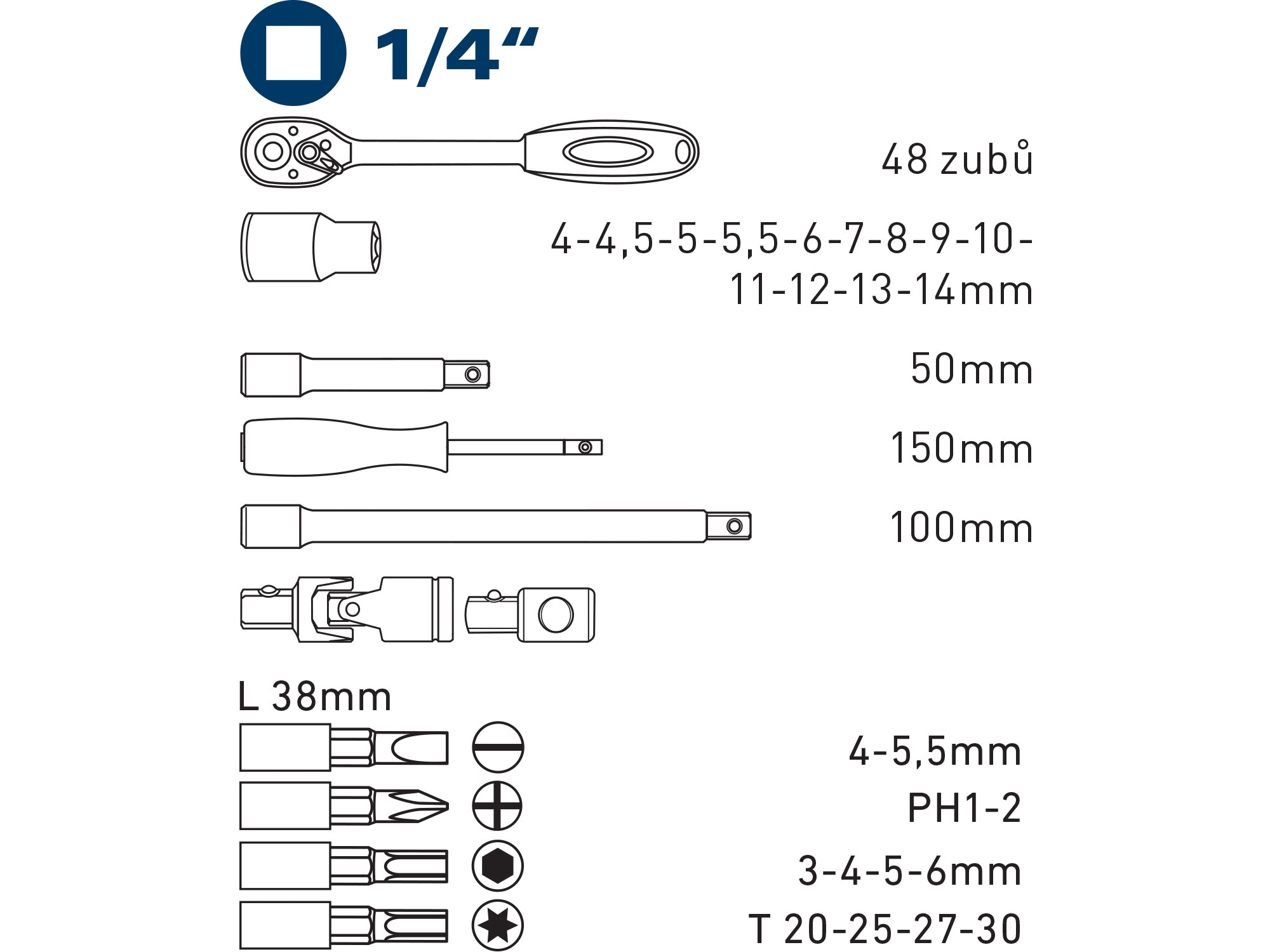 hlavice nástrčné a zástrčné, sada 31ks, 1/4" - Obrázek 2