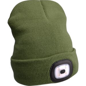 čepice s čelovkou 4x45lm, USB nabíjení, tmavě zelená, univerzální velikost, 73% acryl a 27% polyester