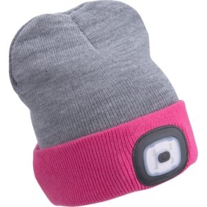 čepice s čelovkou 4x45lm, USB nabíjení, světle šedá/růžová, oboustranná, univerzální velikost, 73% acryl a 27% polyester