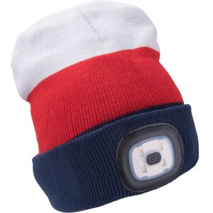 čepice s čelovkou 4x45lm, USB nabíjení, bílo-červeno-modrá, univerzální velikost, 73% acryl a 27% polyester