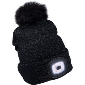 čepice s čelovkou 4x45lm, USB nabíjení, černá se třpytkou a bambulí, univerzální velikost, 90% acryl a 10% polyester