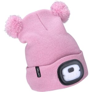 čepice s čelovkou 4x25lm, USB nabíjení, růžová se třpytkou a bambulemi, dětská, 70% acryl a 30% polyester