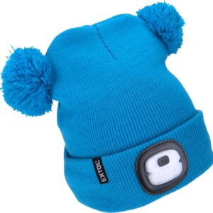 čepice s čelovkou 4x25lm, USB nabíjení, modrá s bambulemi, dětská