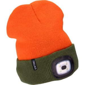 čepice s čelovkou 4x45lm, USB nabíjení, fluorescentní oranžová/khaki zelená, oboustranná, univerzální velikost, 100% acryl