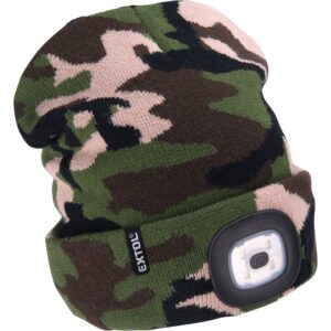 čepice s čelovkou 4x45lm, USB nabíjení, maskovací, univerzální velikost, 100% acryl