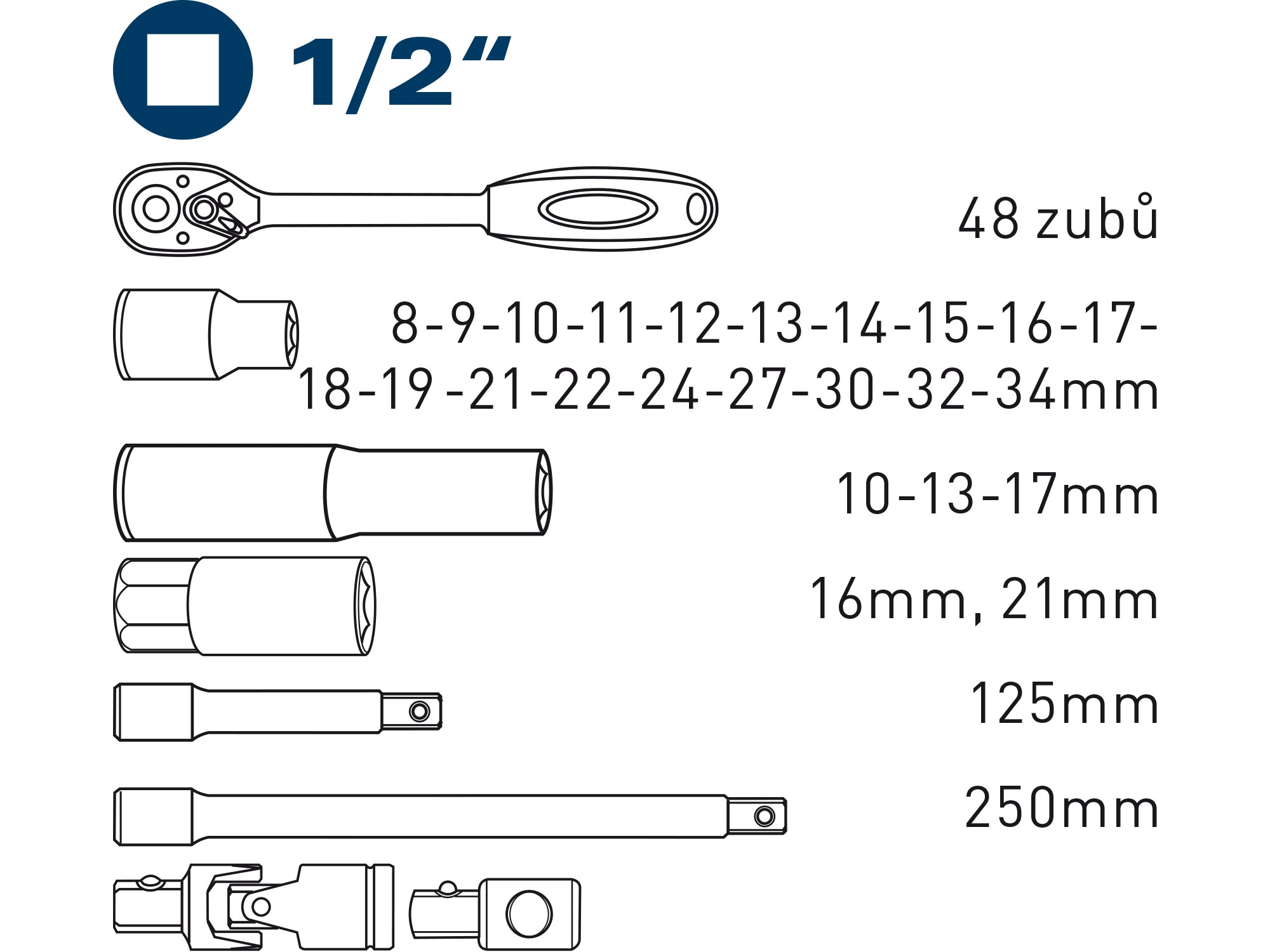 hlavice nástrčné, sada 29ks, 1/2" - Obrázek 2
