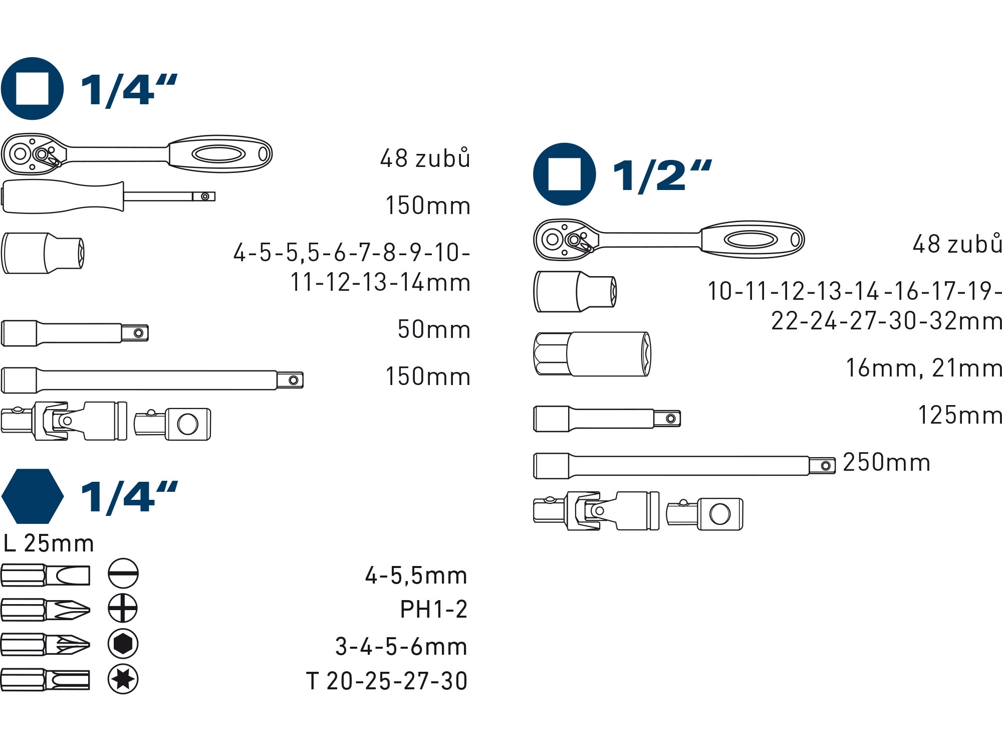 hlavice nástrčné, sada 50ks, 1/4", 1/2" - Obrázek 2