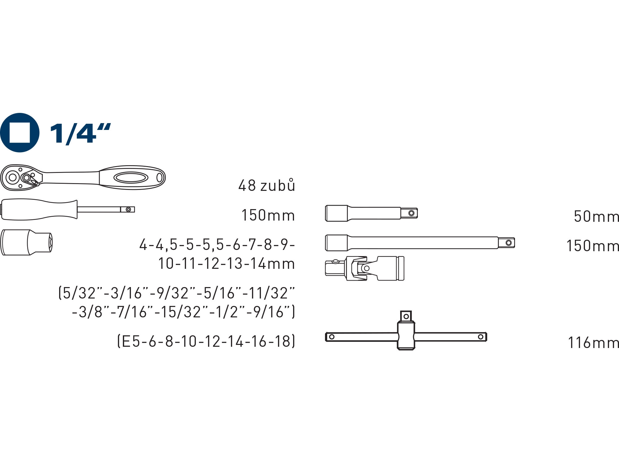 hlavice nástrčné MULTI-LOCK, sada 19ks, 1/4" - Obrázek 2