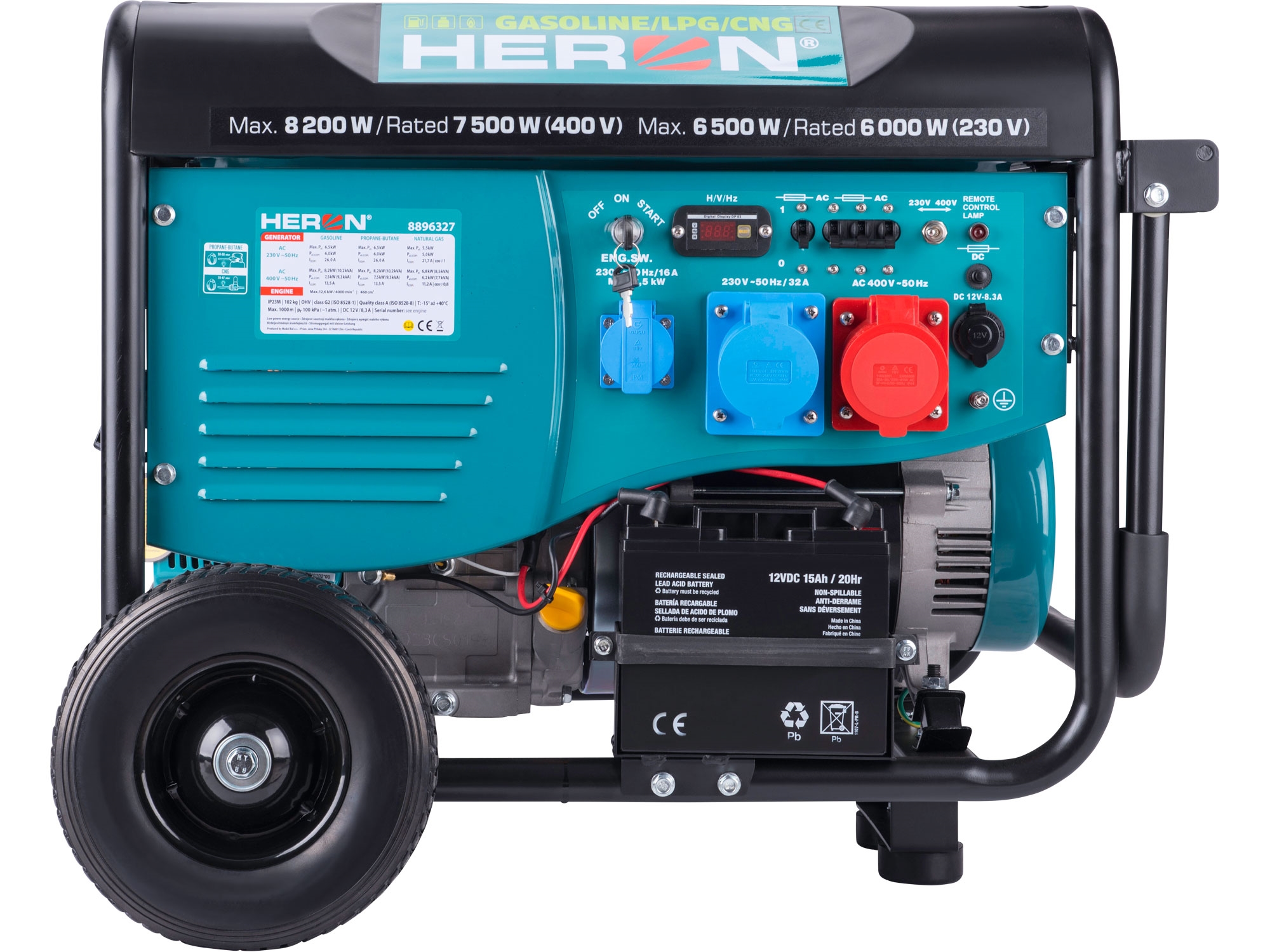 elektrocentrála benzínová a plynová (LPG/NG) 17HP/8,2kW/10,2kVA (400V), 6,5kW (230V), elektrický start, dálkové ovládání, podvozek - Obrázek 2