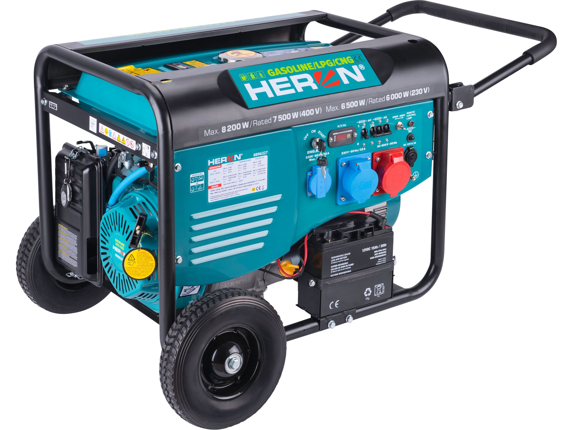REPAS elektrocentrála benzínová a plynová (LPG/NG) 17HP/8,2kW/10,2kVA (400V), 6,5kW (230V), elektrický start, dálkové ovládání, podvozek