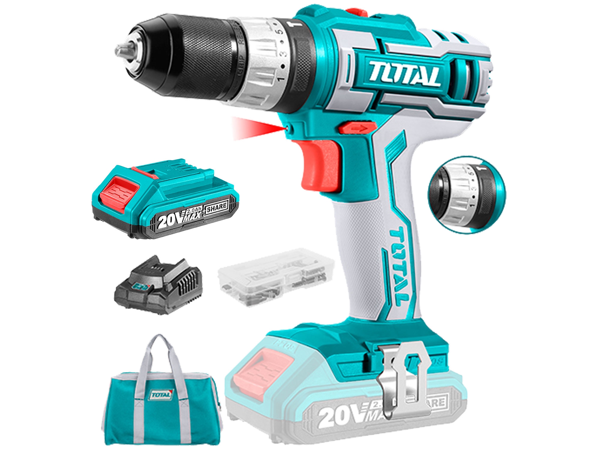 Vrtací šroubovák AKU s příklepem, 20V Li-ion (2x), 2000mAh, Sada 50ks, industrial - Obrázek 2