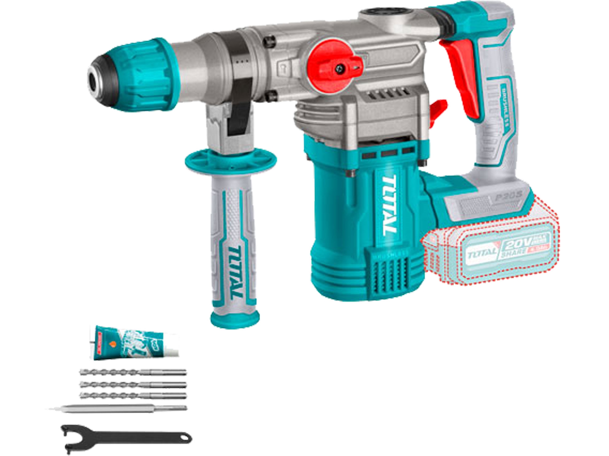 Kladivo vrtací a sekací AKU, SDS Plus, Brushless, 20V Li-ion, 2000mAh, 4,5J, industrial, bez baterie a nabíječky - Obrázek 2