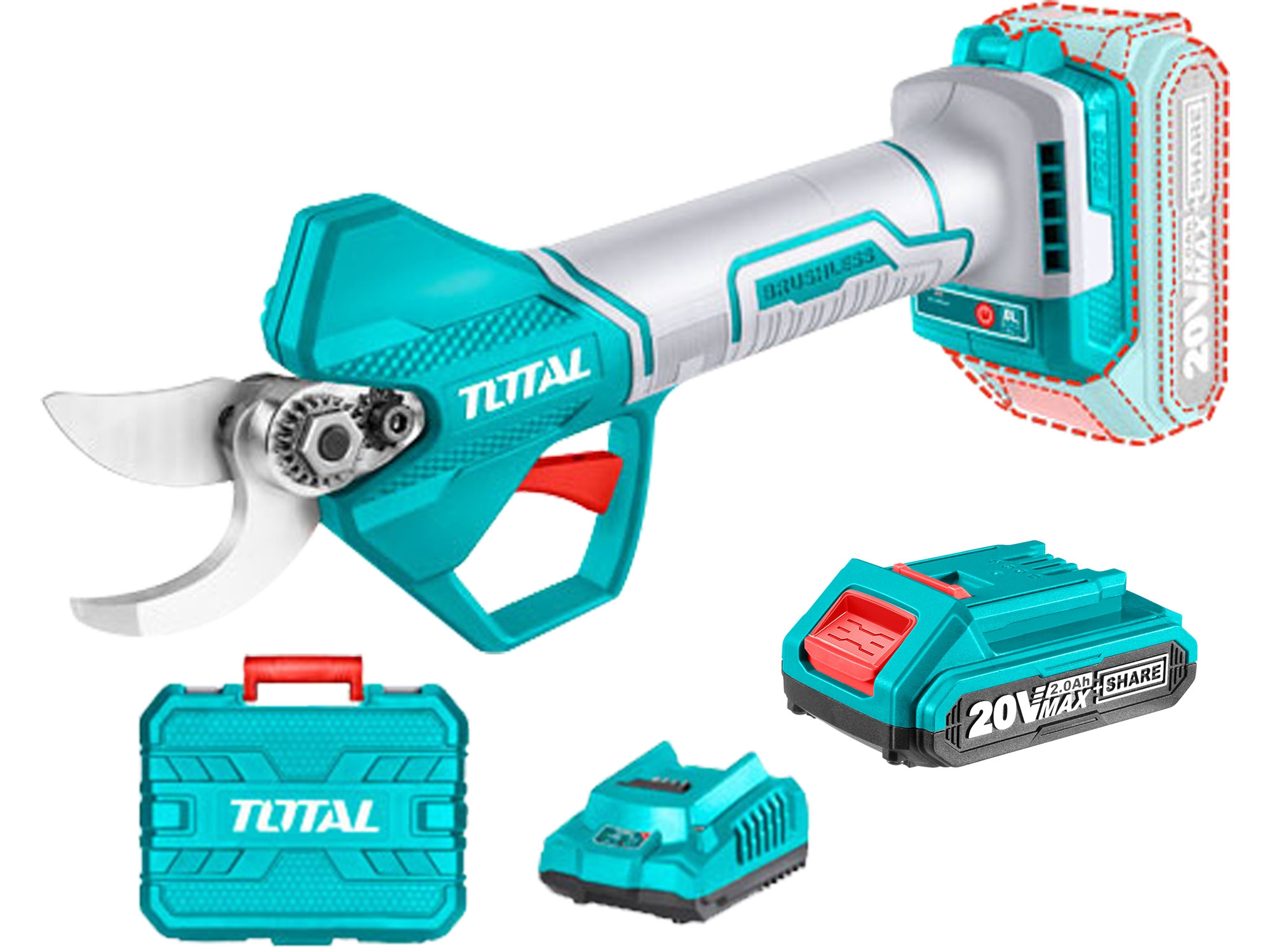 Nůžky zahradnické AKU, Brushless, 20V Li-ion, 2000mAh, industrial, 1ks baterie a nabíječky - Obrázek 2