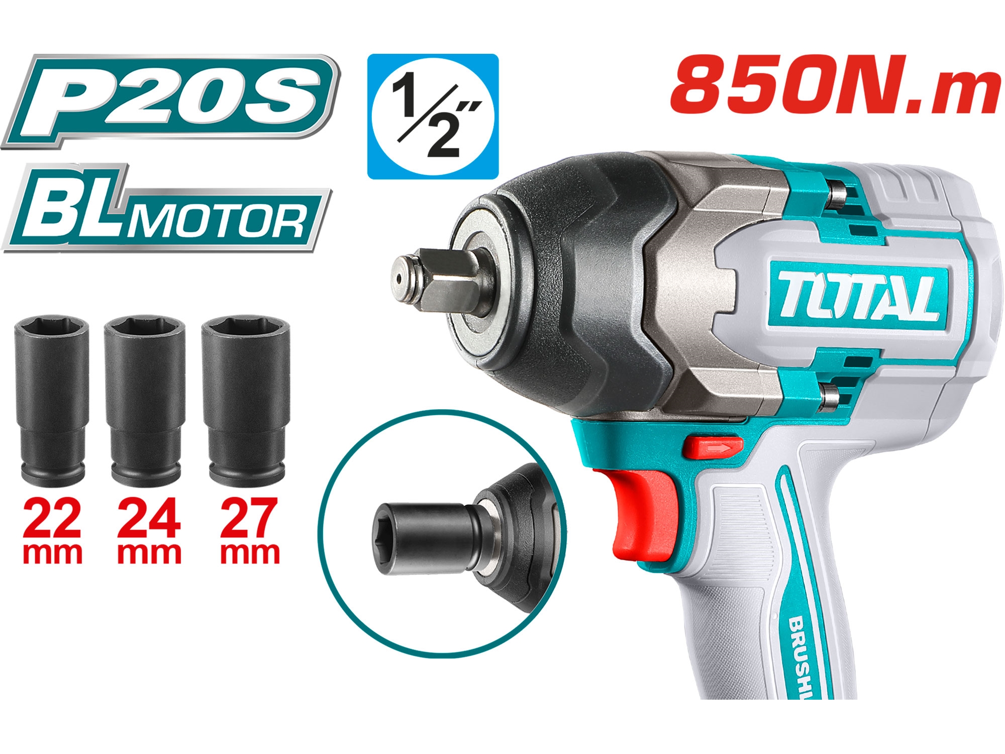 Utahovák rázový AKU 1/2", brushless, 850Nm, 20 V Li-ion, bez baterie a nabíječky, industrial - Obrázek 2