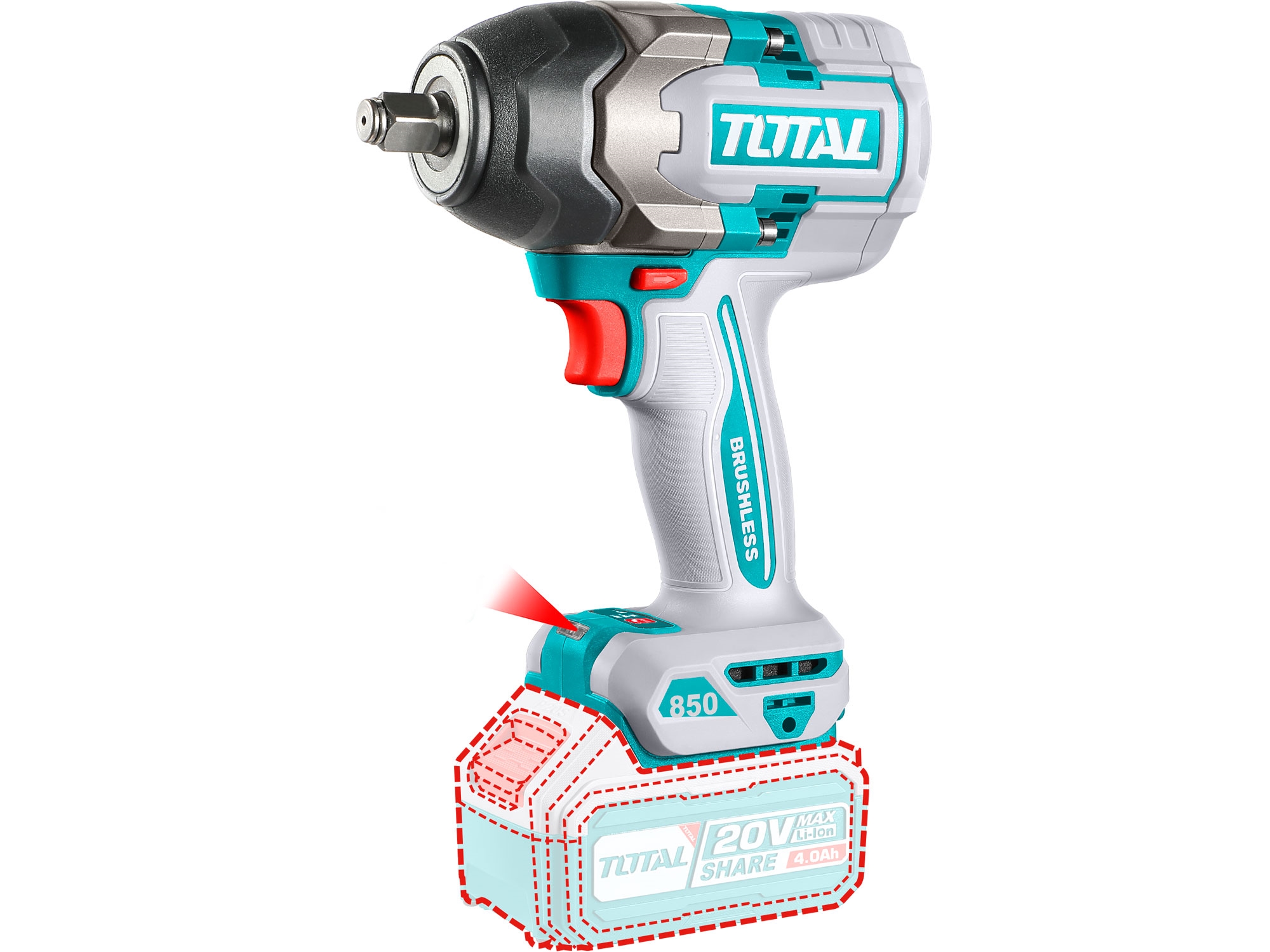 Utahovák rázový AKU 1/2", brushless, 850Nm, 20 V Li-ion, bez baterie a nabíječky, industrial